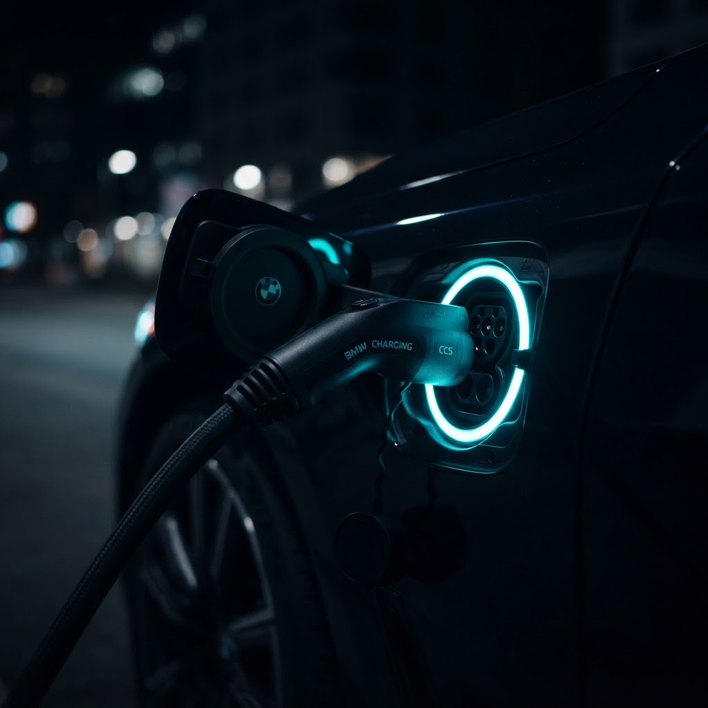 Conector de carga enchufado en el puerto de un auto eléctrico con indicador cian encendido