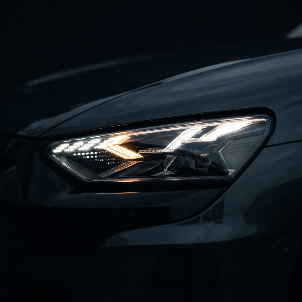 Faro LED matricial encendido de un auto eléctrico de noche